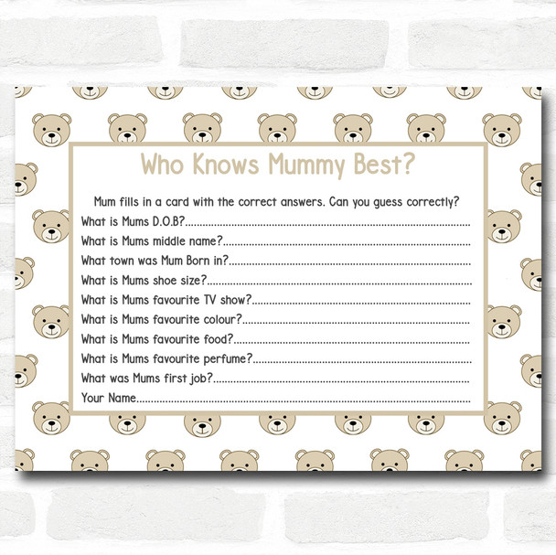 Neutral Teddys Baby Shower Games Who Knows Mum Best Cards