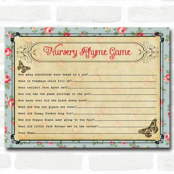 Shabby Chic Tea Party Baby Shower Games Nursery Rhyme Quiz Cards
