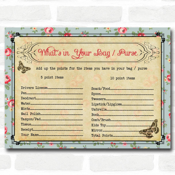 Shabby Chic Tea Party Baby Shower Games WhatÂ’s in Your Bag Purse Cards