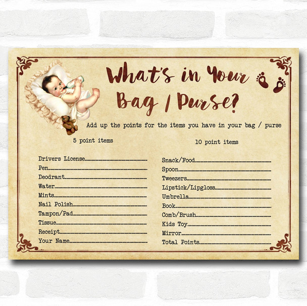Vintage Baby Shower Games Whats in Your Bag Purse Cards