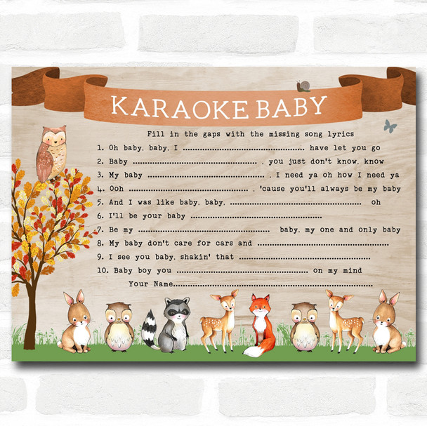 Woodland Animal Neutral Baby Shower Games Song Lyric Karaoke Cards