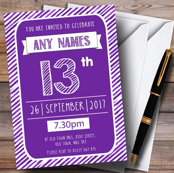 Purple & White Stripy Deco 13th Customised Birthday Party Invitations