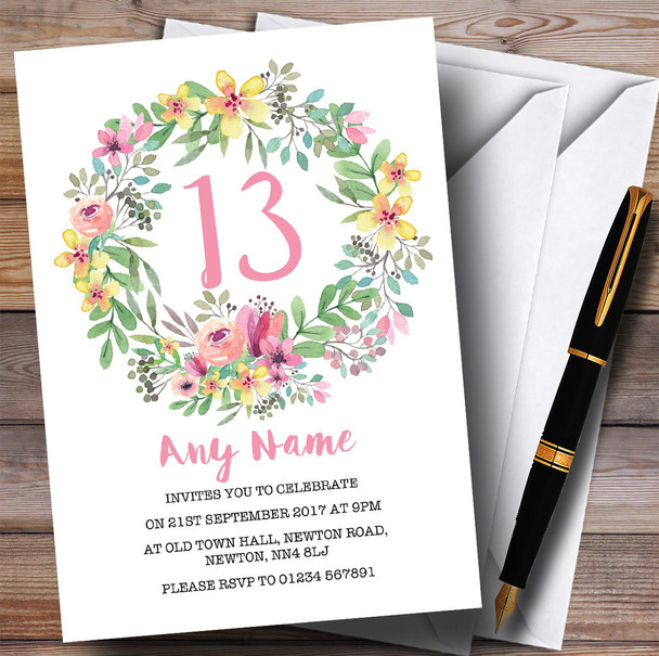 Watercolour Floral Wreath Pink 13th Customised Birthday Party Invitations