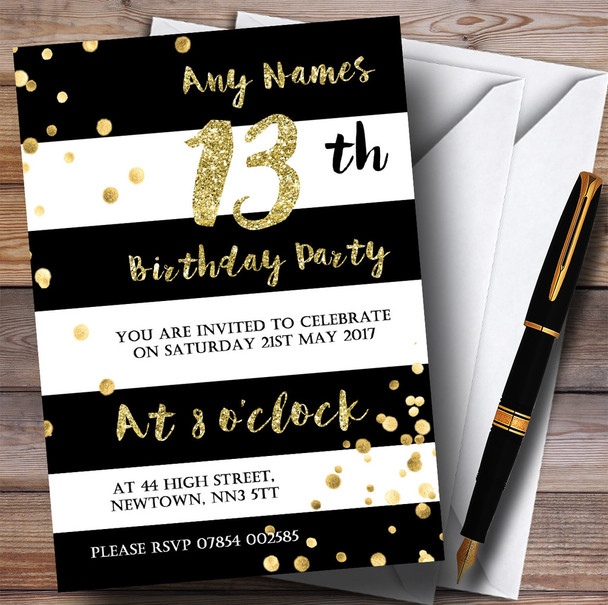 Black & White Stripy Gold Confetti 13th Customised Birthday Party Invitations