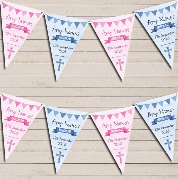 Blue Pink Boy Girl Twins Watercolour Banner Baptism Day Christening Bunting