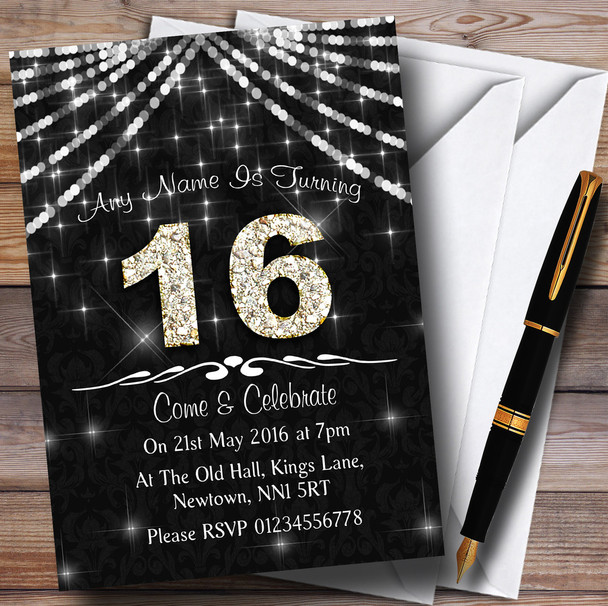 16Th Charcoal Grey & White Bling Sparkle Birthday Party Customised Invitations