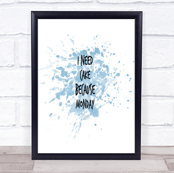 I Need Cake Inspirational Quote Print Blue Watercolour Poster