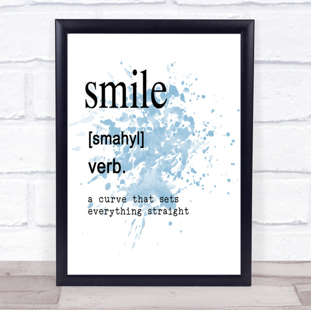 Word Definition Smile Inspirational Quote Print Blue Watercolour Poster