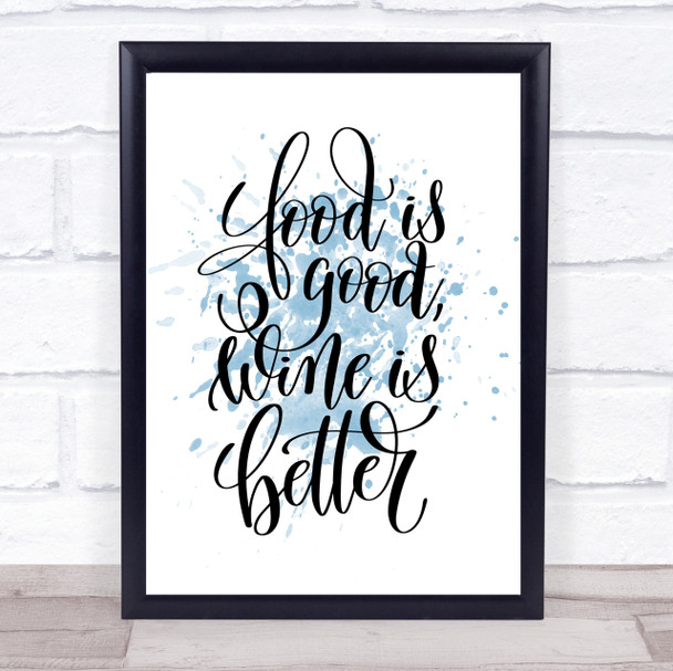 Food Good Wine Better Inspirational Quote Print Blue Watercolour Poster