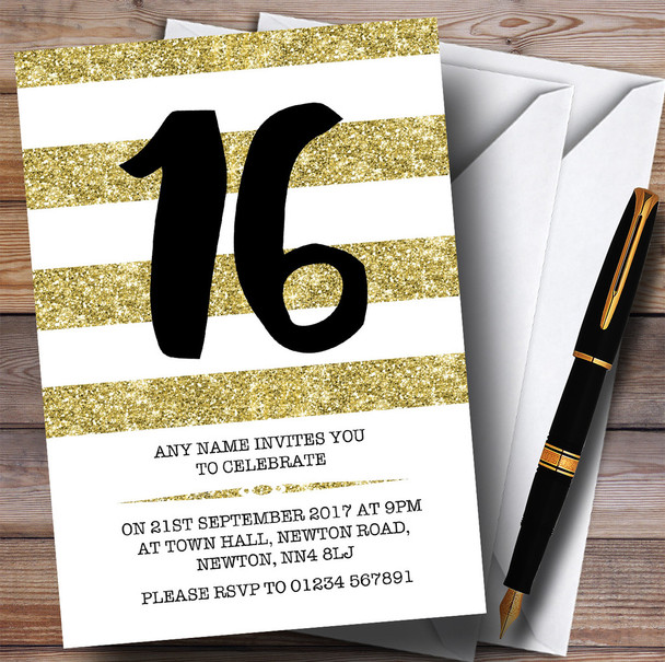 Glitter Gold & White Striped 16th Customised Birthday Party Invitations