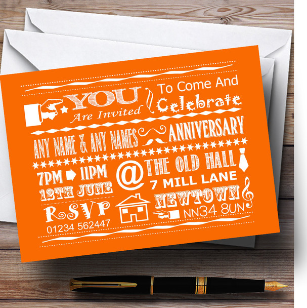 Cool Vintage Fun Chalk Typography Orange Customised Anniversary Party Invitations