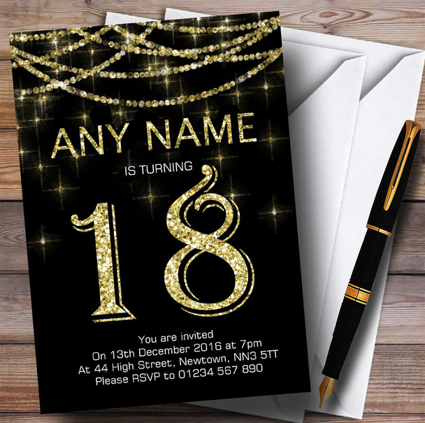 Black & Gold Sparkly Garland 18th Customised Birthday Party Invitations