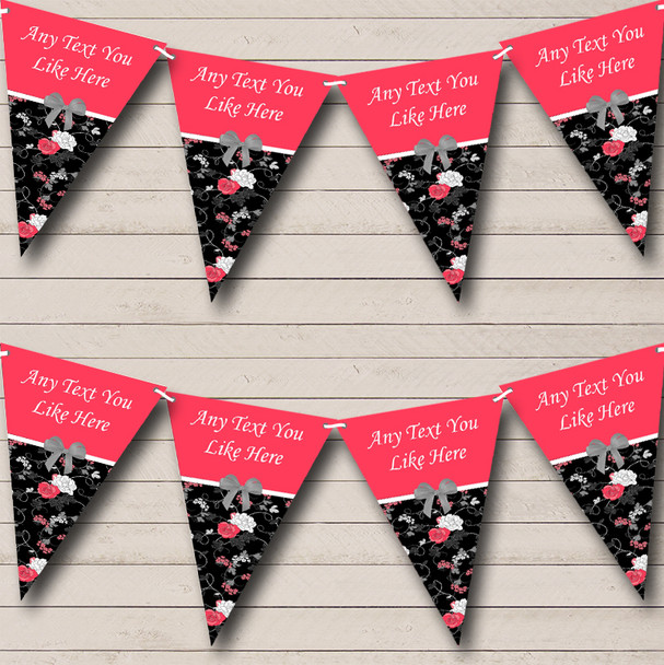 Coral Pink & Black Vintage Shabby Chic Garden Tea Party Bunting