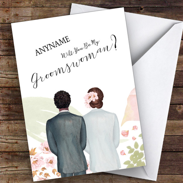 Curly Black Hair Brown Floral Hair Will You Be My Groomswoman Personalised Card
