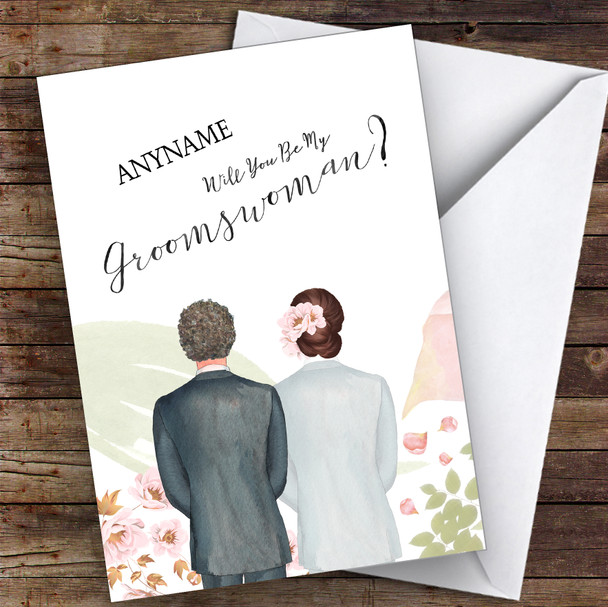 Curly Brown Hair Brown Floral Hair Will You Be My Groomswoman Personalised Card
