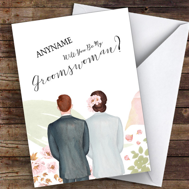 Ginger Hair Brown Floral Hair Will You Be My Groomswoman Personalised Card