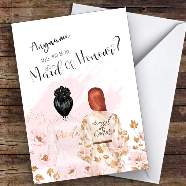 Black Curly Hair Up Blond Swept Hair Will You Be My Maid Of Honour Custom Card