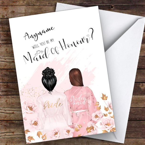 Black Curly Hair Up Brown Swept Hair Will You Be My Maid Of Honour Custom Card