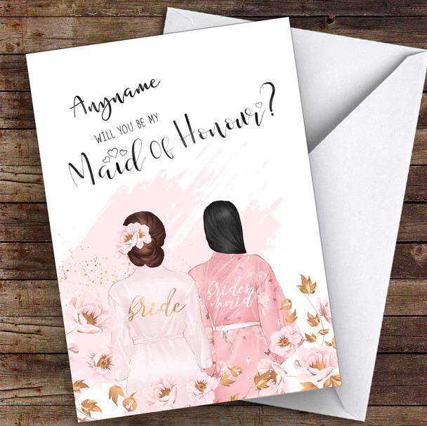 Brown Floral Hair Black Swept Hair Will You Be My Maid Of Honour Custom Card