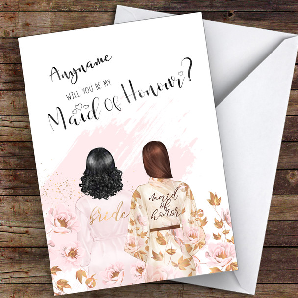Black Curly Hair Brown Swept Hair Will You Be My Maid Of Honour Custom Card