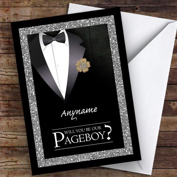 Black Suit Sparkles Will You Be My Page Boy Personalised Greetings Card