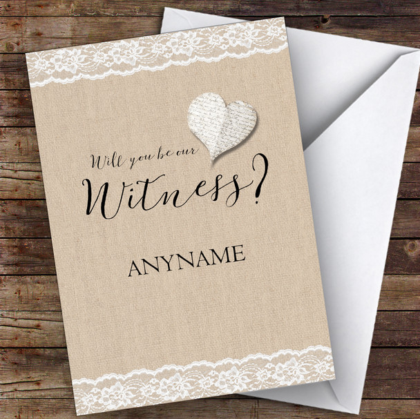 Vintage Heart Burlap Will You Be My Witness Personalised Greetings Card