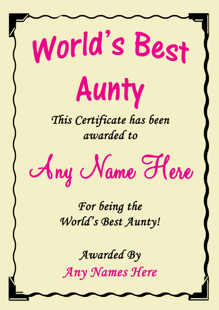 Aunty Best In The World Award Personalised Certificate