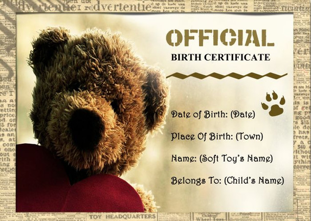 Bear Soft Toy Personalised Birth Certificate