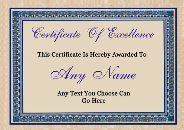 Fully Personalised Certificate Award Of Excellence You Choose Text Blue