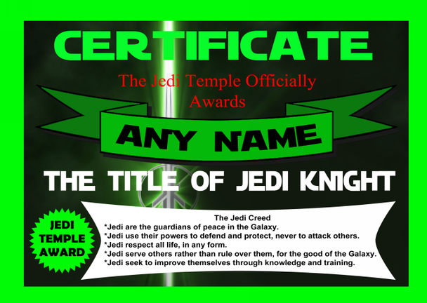 Personalised Star Wars Jedi Knight Award Certificate