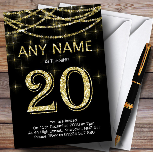 Black & Gold Sparkly Garland 20th Customised Birthday Party Invitations