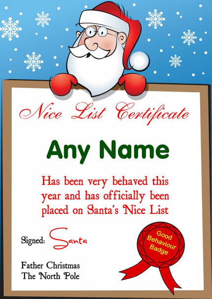 Blue Snowflakes Personalised Christmas Santa's Nice List Certificate