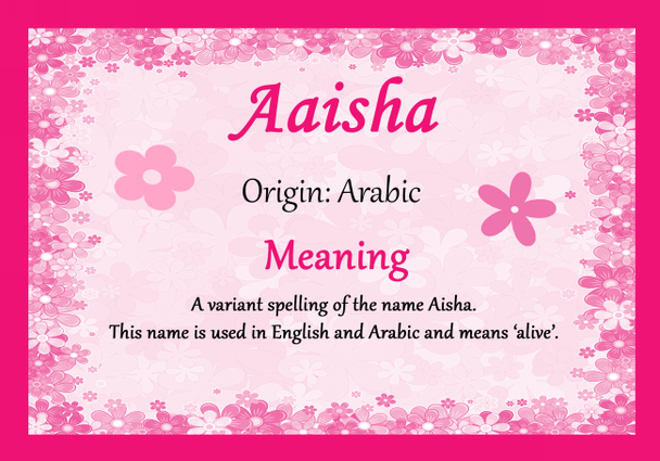Aaisha Personalised Name Meaning Certificate