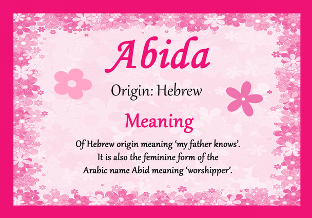 Abida Personalised Name Meaning Certificate
