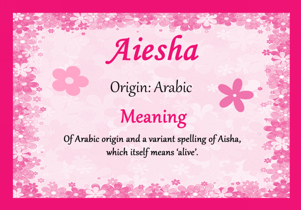 Aiesha Personalised Name Meaning Certificate