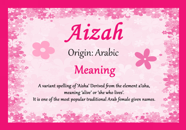 Aizah Personalised Name Meaning Certificate
