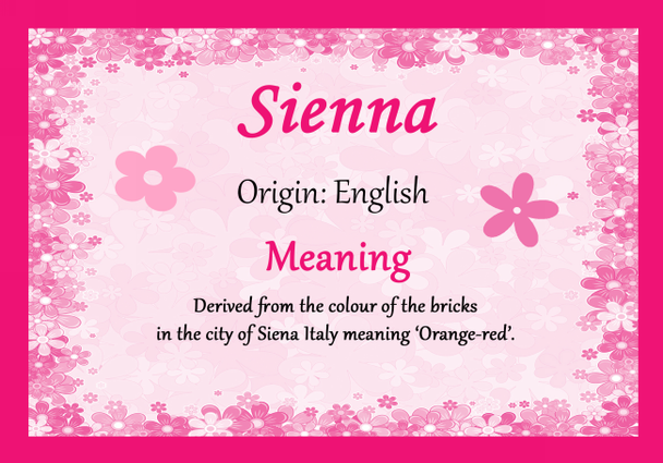 Sienna Personalised Name Meaning Certificate