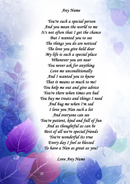 Blue Purple Nan Personalised Poem Certificate