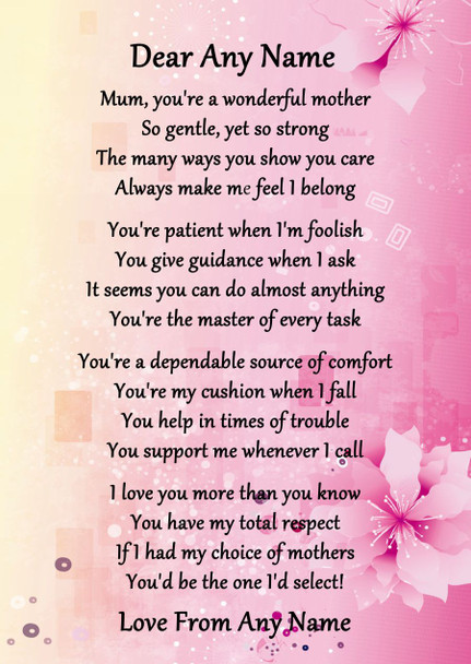 Pink & Yellow Wonderful Mother Personalised Poem Certificate