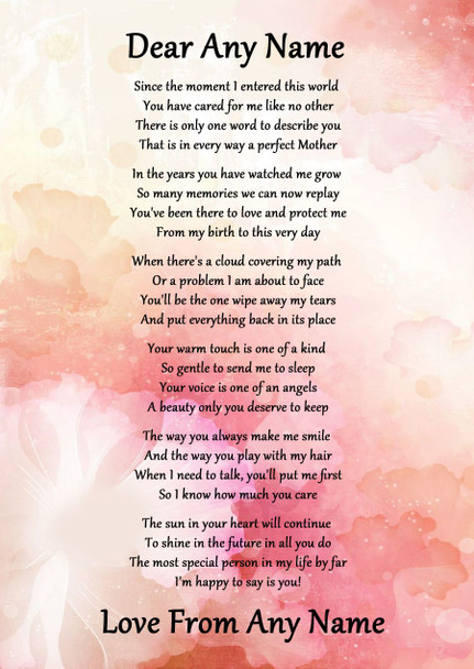 Pink Floral Perfect Mother Personalised Poem Certificate