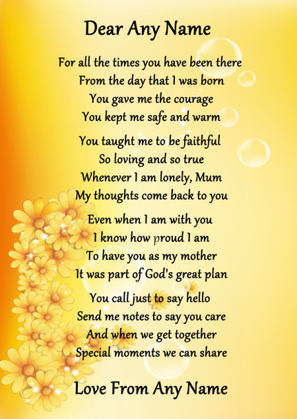 Yellow Floral Caring Mother Personalised Poem Certificate