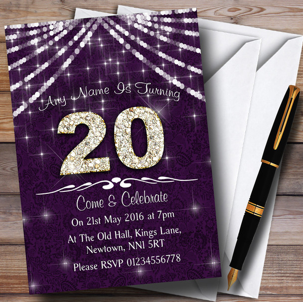 20Th Purple & White Bling Sparkle Birthday Party Customised Invitations