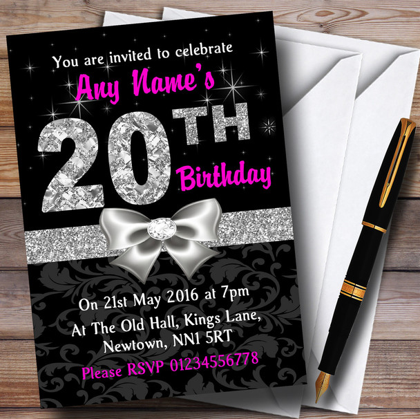 Pink Black Silver Diamond 20Th Birthday Party Customised Invitations