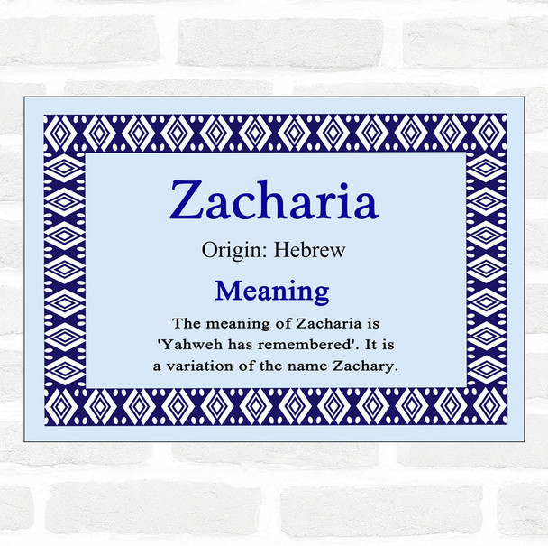 Zacharia Name Meaning Blue Certificate