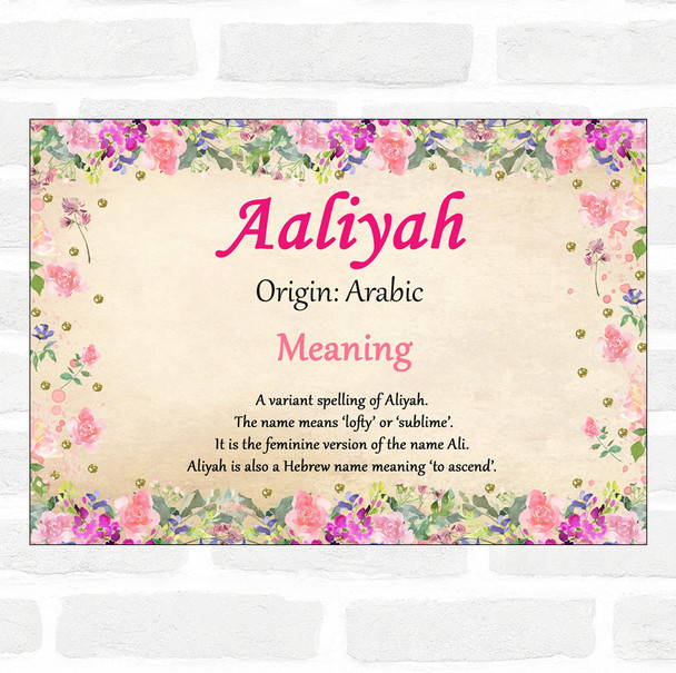 Aaliyah Name Meaning Floral Certificate
