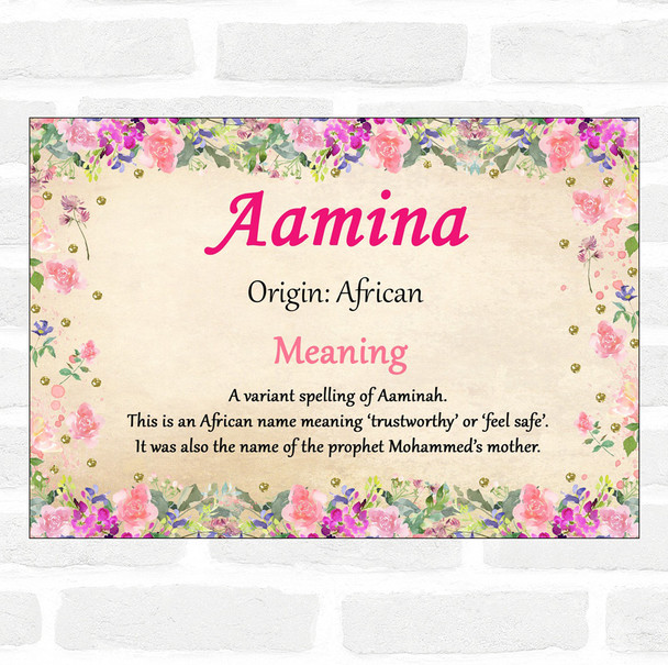 Aamina Name Meaning Floral Certificate