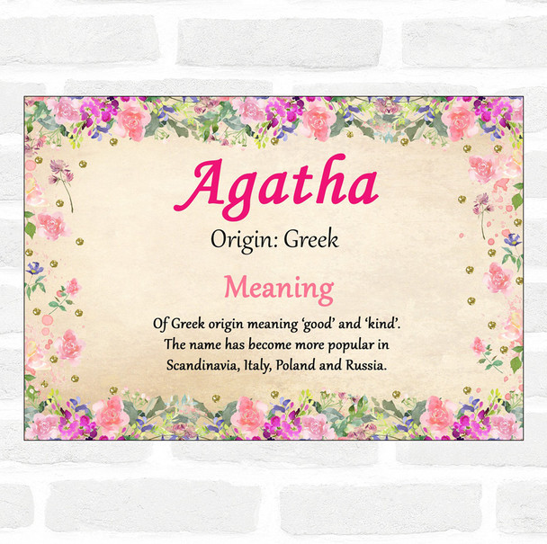 Agatha Name Meaning Floral Certificate