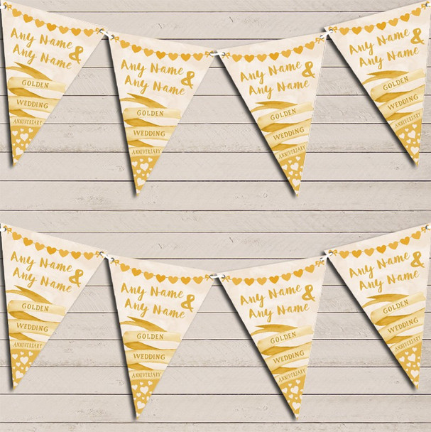 Banner & Hearts Golden 50th Wedding Day Married Bunting Garland Party Banner