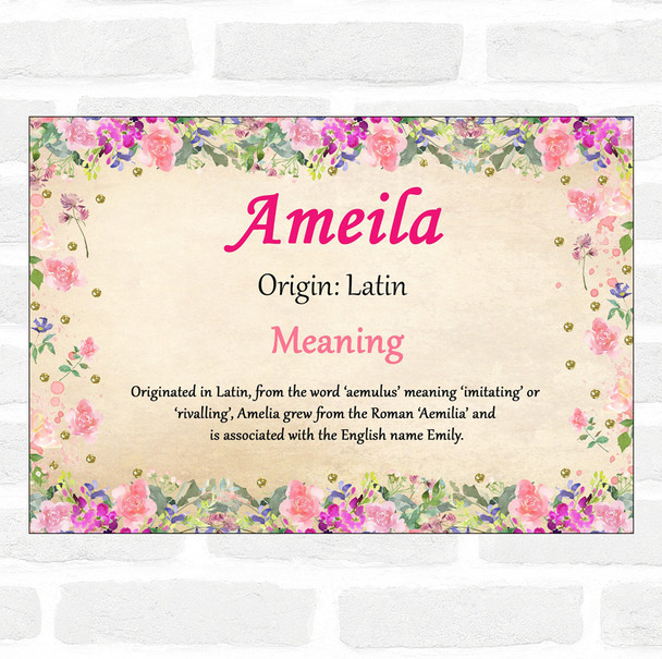 Ameila Name Meaning Floral Certificate