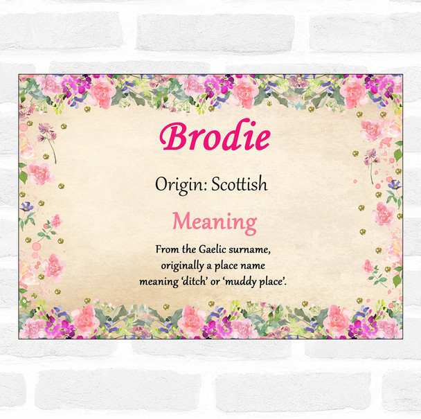 Brodie Name Meaning Floral Certificate